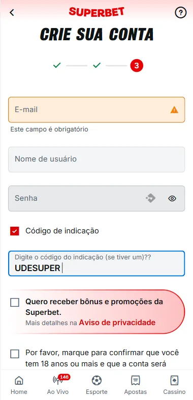 Parte 3 do formulário de inscrição da Superbet, com o código UDESUPER inserido no campo Código de indicação