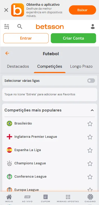 Seção de futebol da Betsson competições mais populares como Brasileirão e Premier League