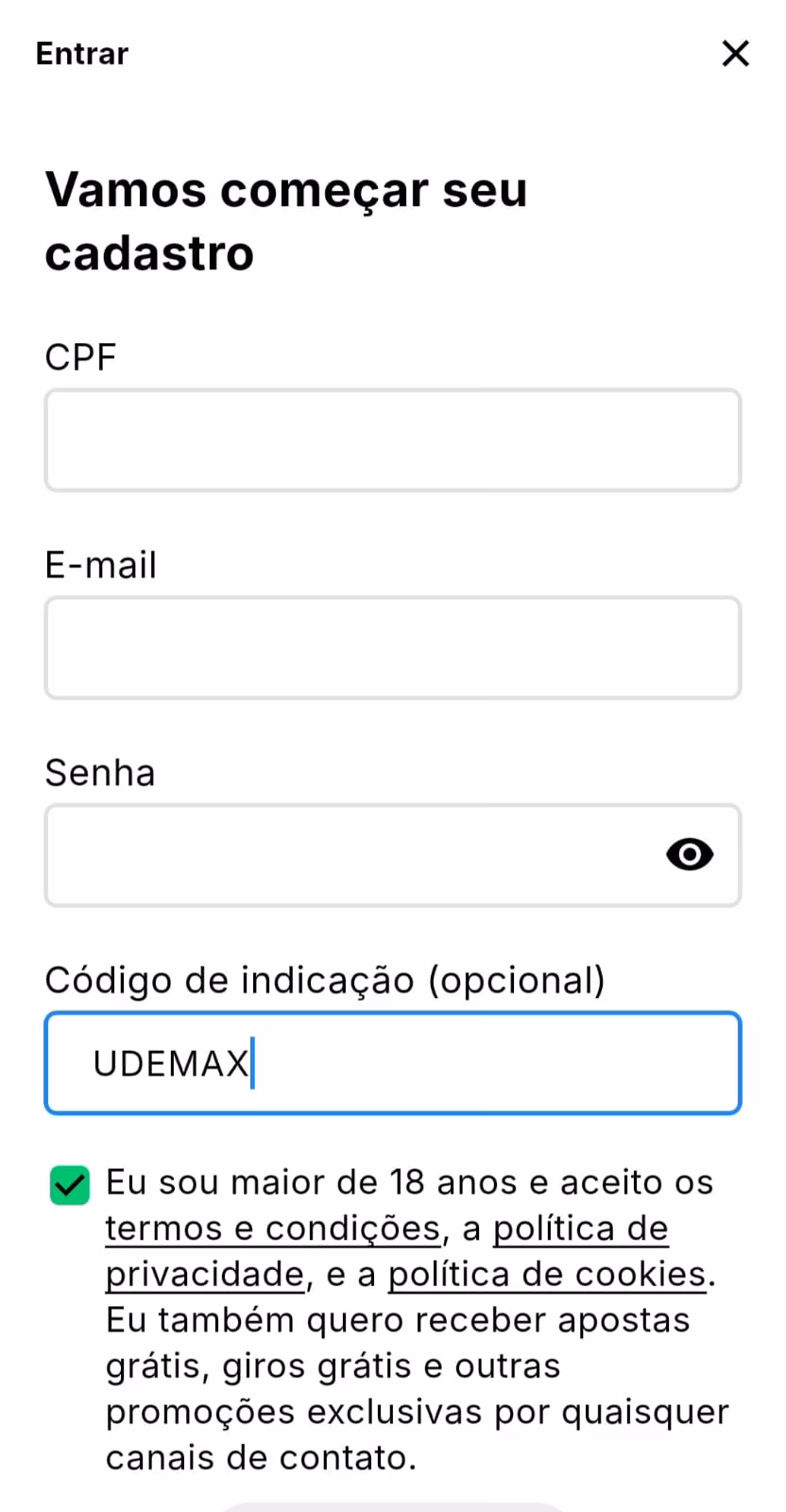 Formulário de registro no app KTO com campos para CPF, email, senha e código de indicação.