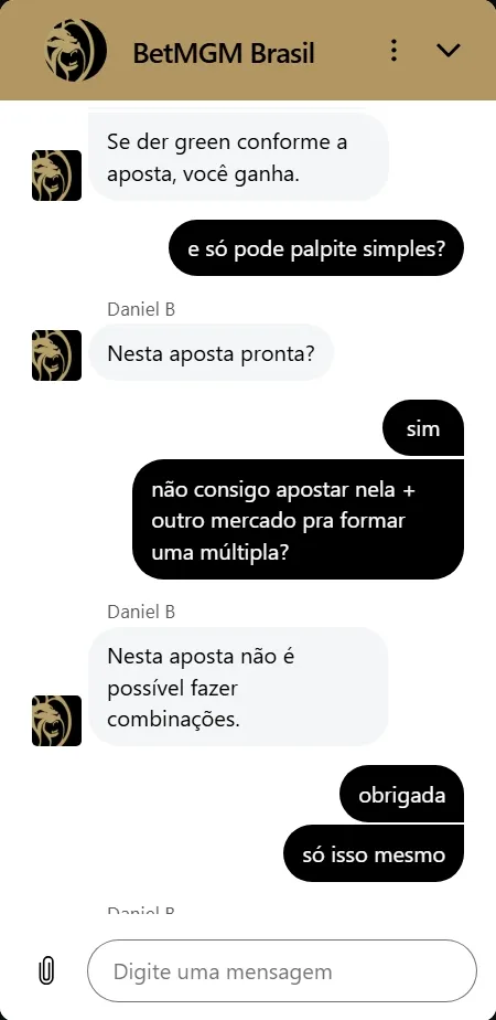 Atendimento via chat da BetMGM com suporte ao cliente tirando dúvidas sobre apostas