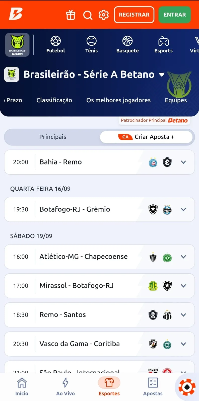 Ferramenta de Criar Aposta na Betano com opções de aposta para o Brasileirão Série A