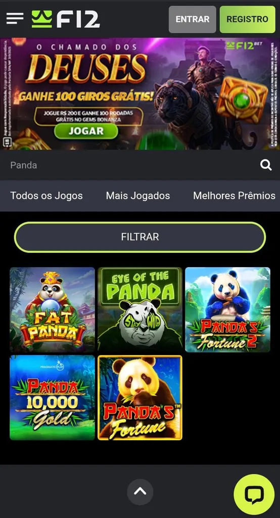 5 jogos do panda na F12.Bet, incluindo Fat Panda e Eye of the Panda, e banner da oferta O Chamado dos Deuses