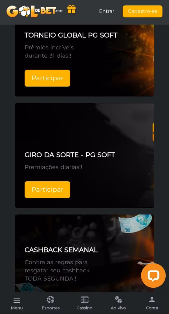 Ofertas da Gol de Bet com torneio global PG Soft, giro da sorte PG Soft e cashback semanal.