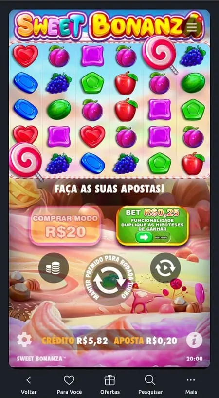 Slot Sweet Bonanza com diferentes símbolos na grade 6x5 e valor de aposta a R$0,20