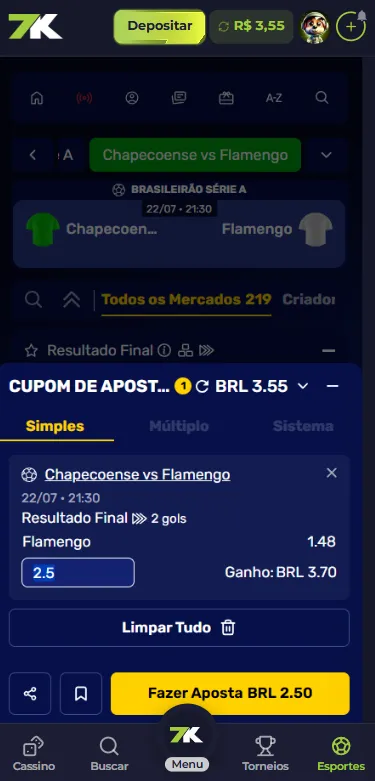 Aposta simples na Bet7K com mercado Resultado Final - Flamengo x Chapecoense com odds 1.48 e retorno potencial R$ 3,70.