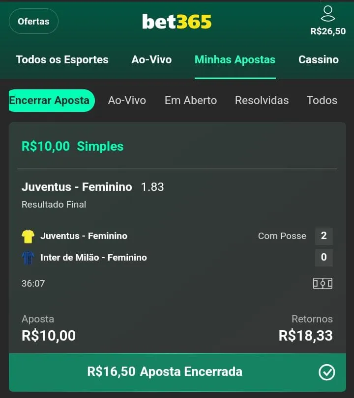 Captura de tela da bet365 com o encerramento da aposta
