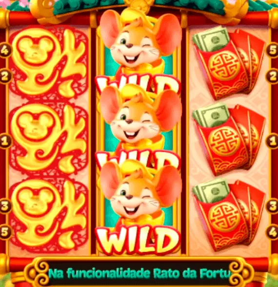 Figuras de emblema do rato, Wild e envelope com dinheiro na grade 3x3 do jogo Fortune Mouse da PG Soft