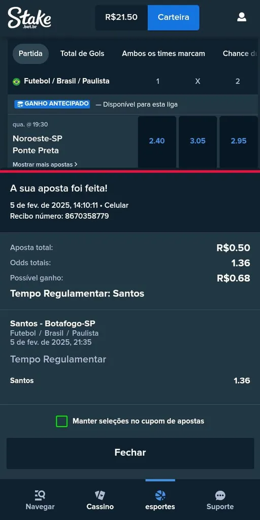 Confirmação de aposta em futebol no valor de 0,50, odds 1.36 e retorno potencial de 0,68.