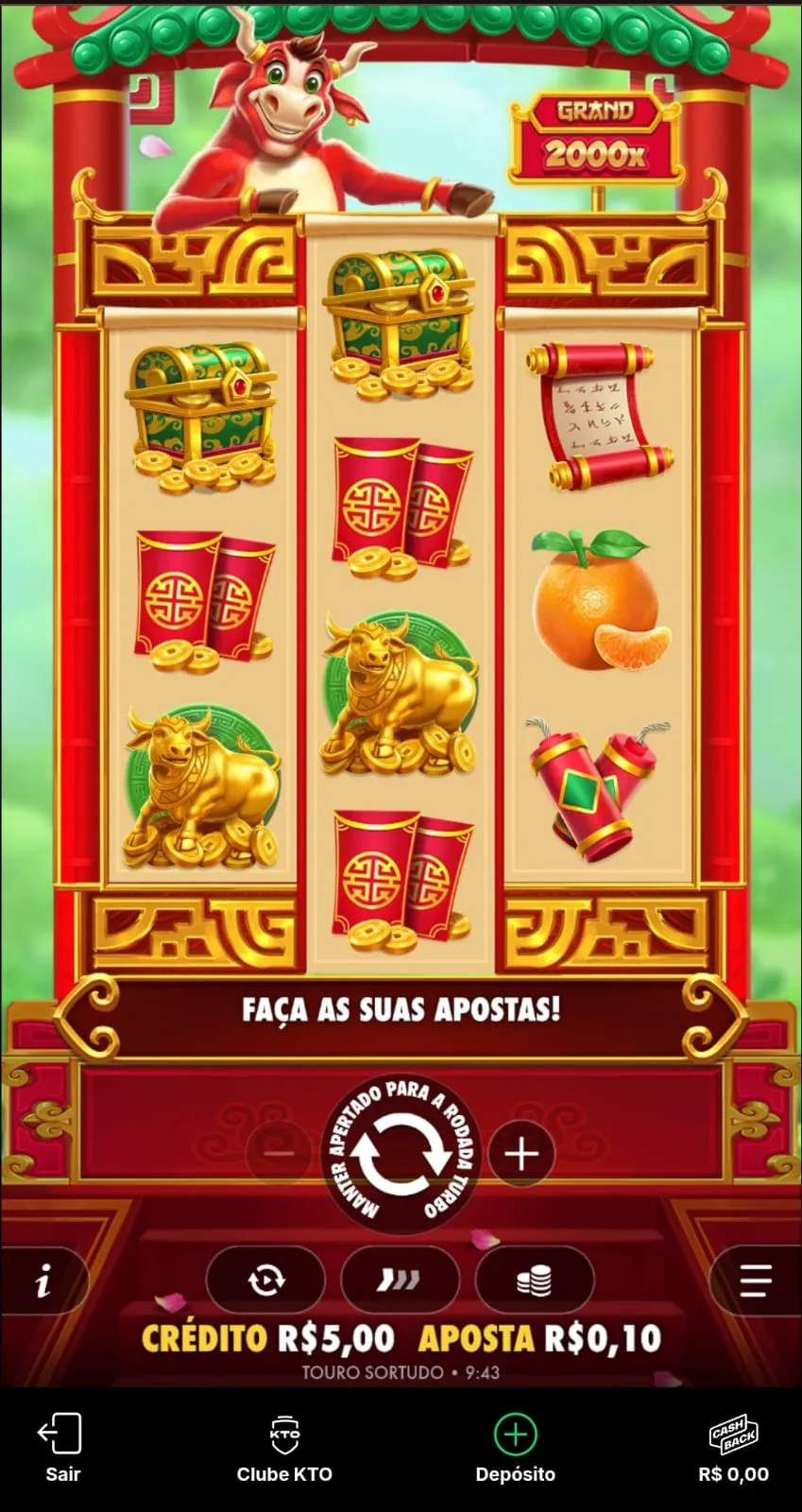 Print da tela inicial do Touro Sortudo na KTO com ofertas de Cash Back no canto inferior.