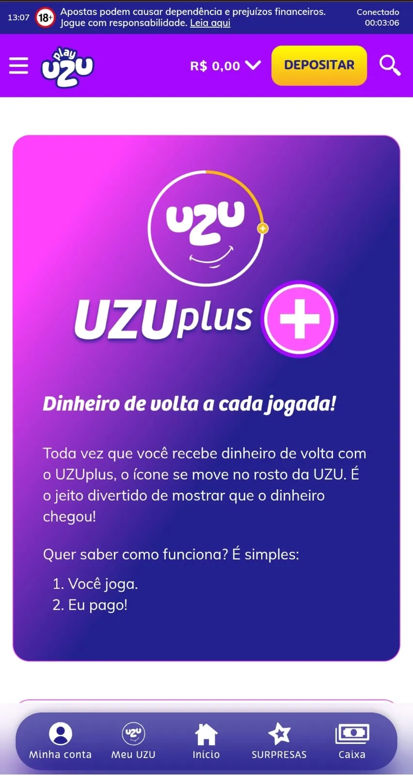 Print da oferta de cashback UZUplus no cassino da PlayUZU