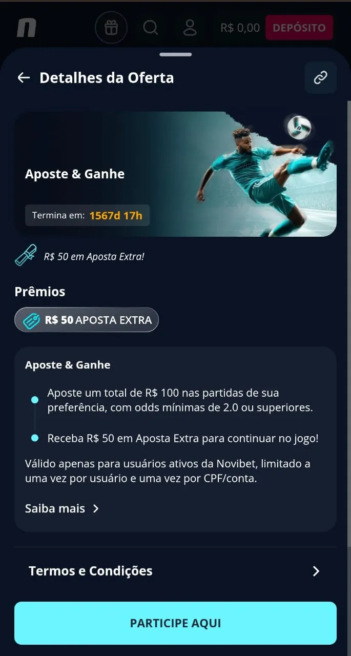 Página promocional da Aposte & Ganhe na Novibet com R$ 50 em freebet para esportes.