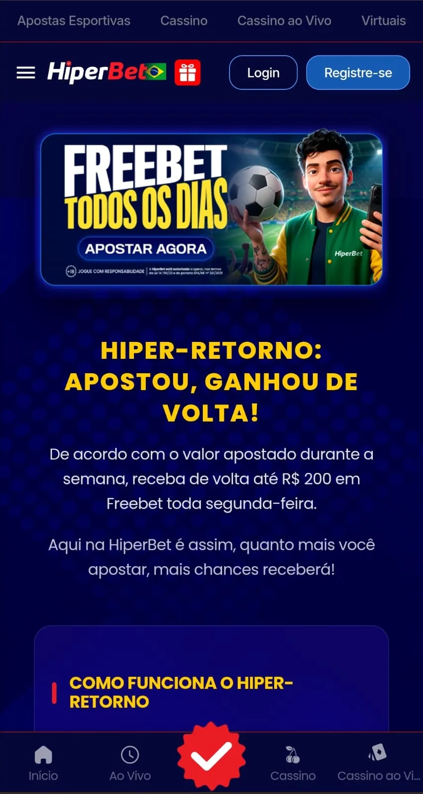Promoção da HiperBet com freebet todos os dias para apostas em futebol