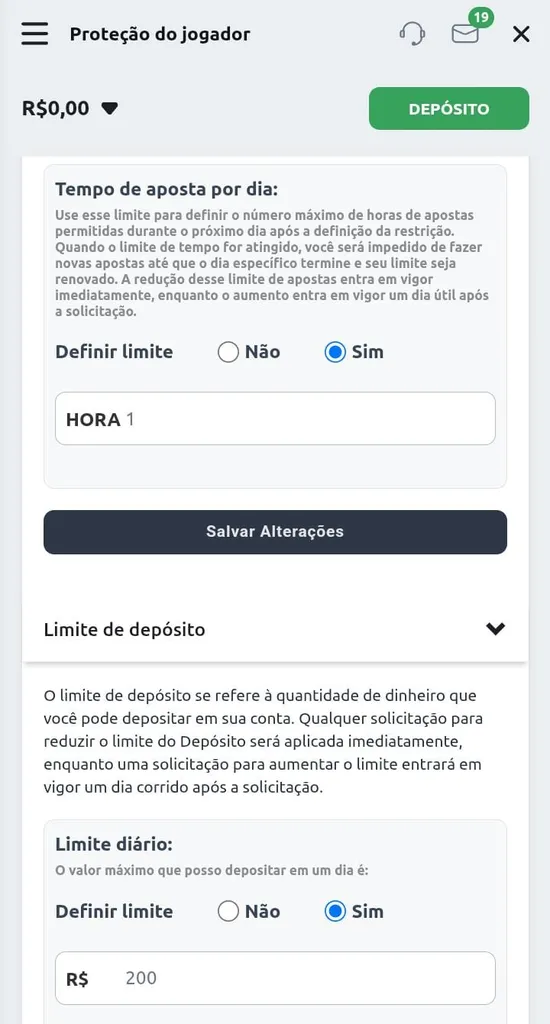Página das configurações de jogo responsável da Betano
