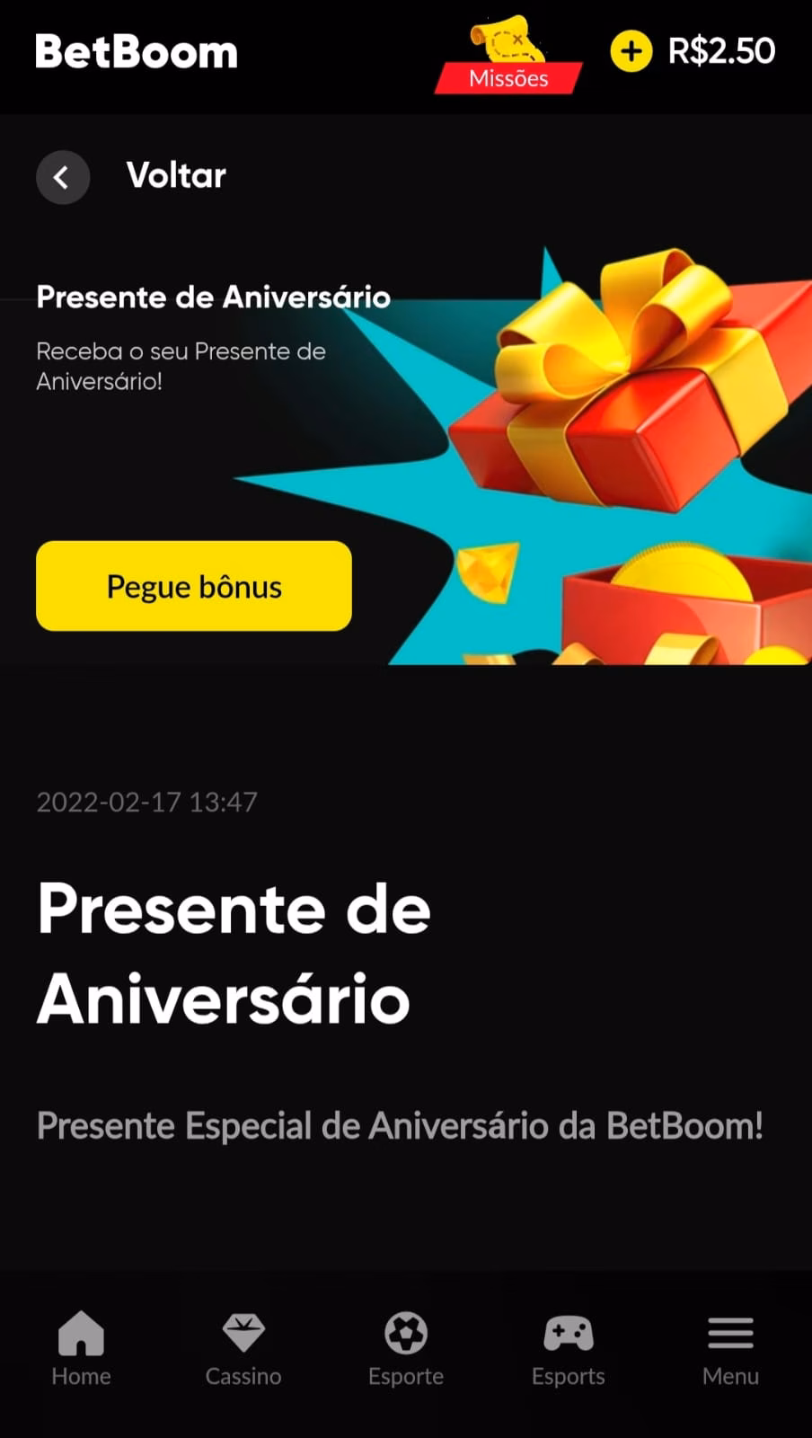 Oferta presente de aniversário da Betboom com recompensas.
