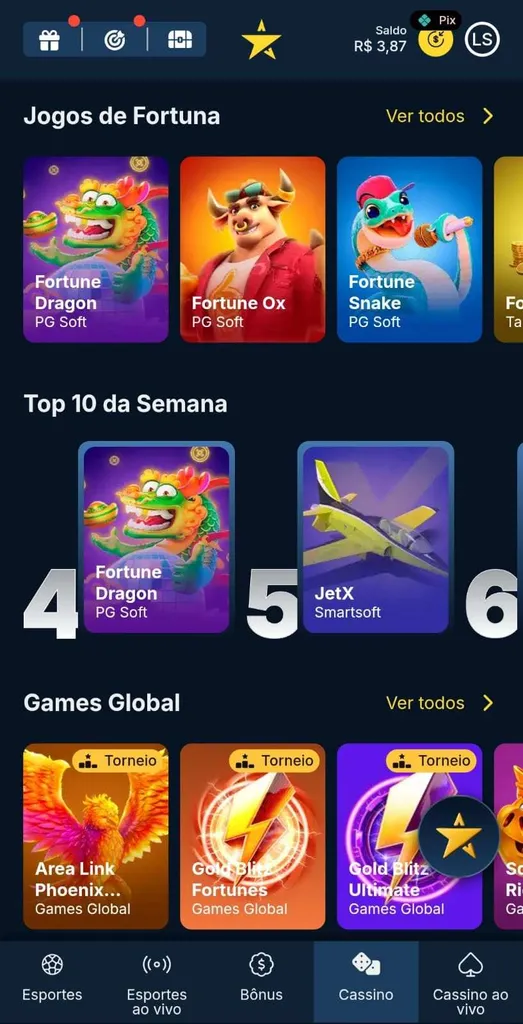 Jogos da Fortuna e jogos top 10 da Semana na Estrelabet, com ícones do JetX, Fortune Dragon e outros jogos

