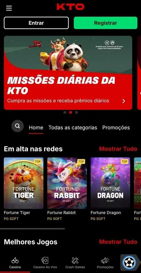 App KTO com missões diárias com prêmios e jogos em alta nas redes como Fortune Tiger, Fortune Rabbit e mais.