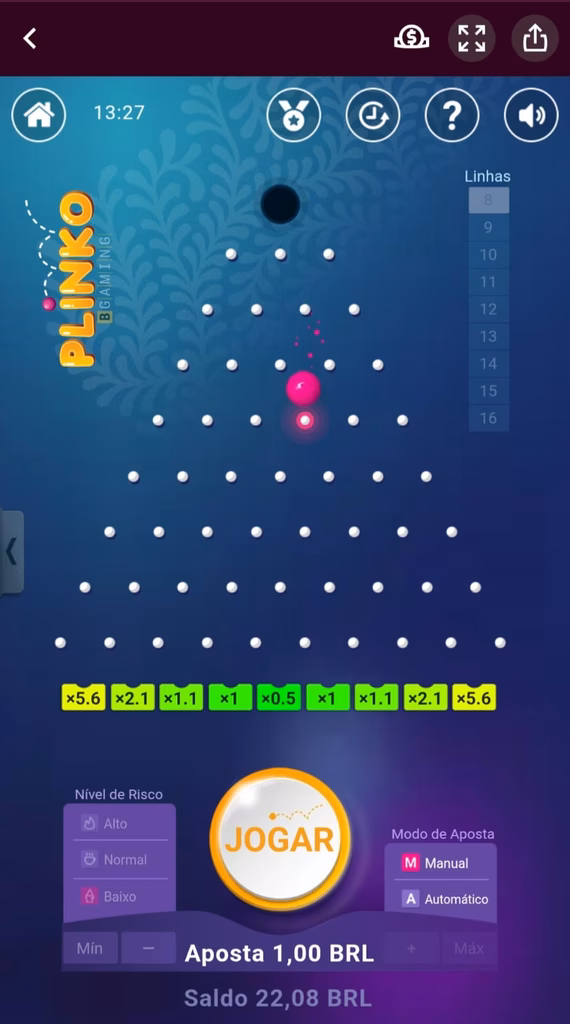 Bolinha caindo na piramide com 8 linhas no Plinko na Superbet.