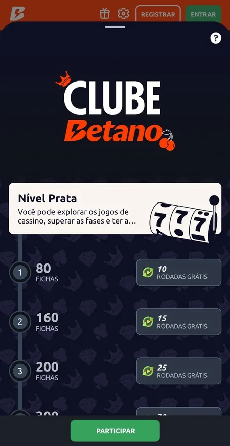 App Betano com o Clube Betano e informações sobre o nível prata com rodadas grátis de recompensa.