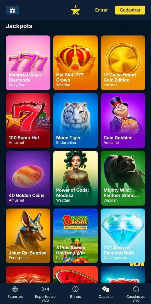 12 jogos de jackpot da Estrelabet, incluindo Immortal Ways Diamonds
e 777 Jackpot Diamons Hold and Win