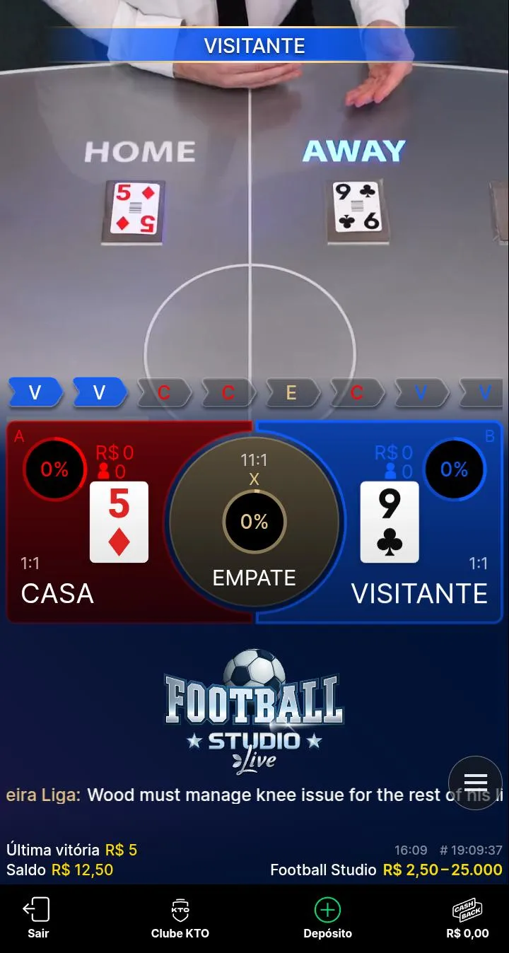 Aposta vencida pelo visitante (away) por 9 a 5 no Football Studio da KTO