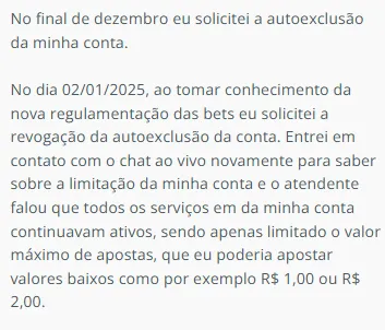 Texto de uma solicitação em um chat ao vivo de casa de aposta sobre autoexclusão da conta