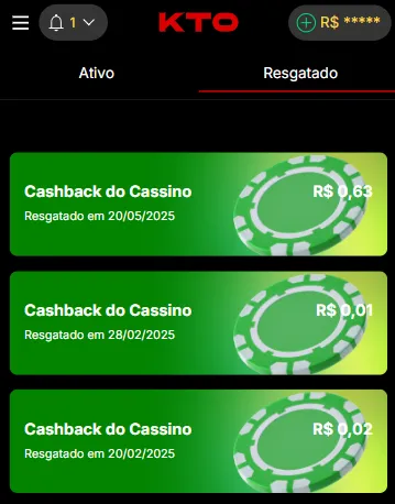Valores de cashback de R$0,63, R$0,01 e R$0,02 resgatados na KTO