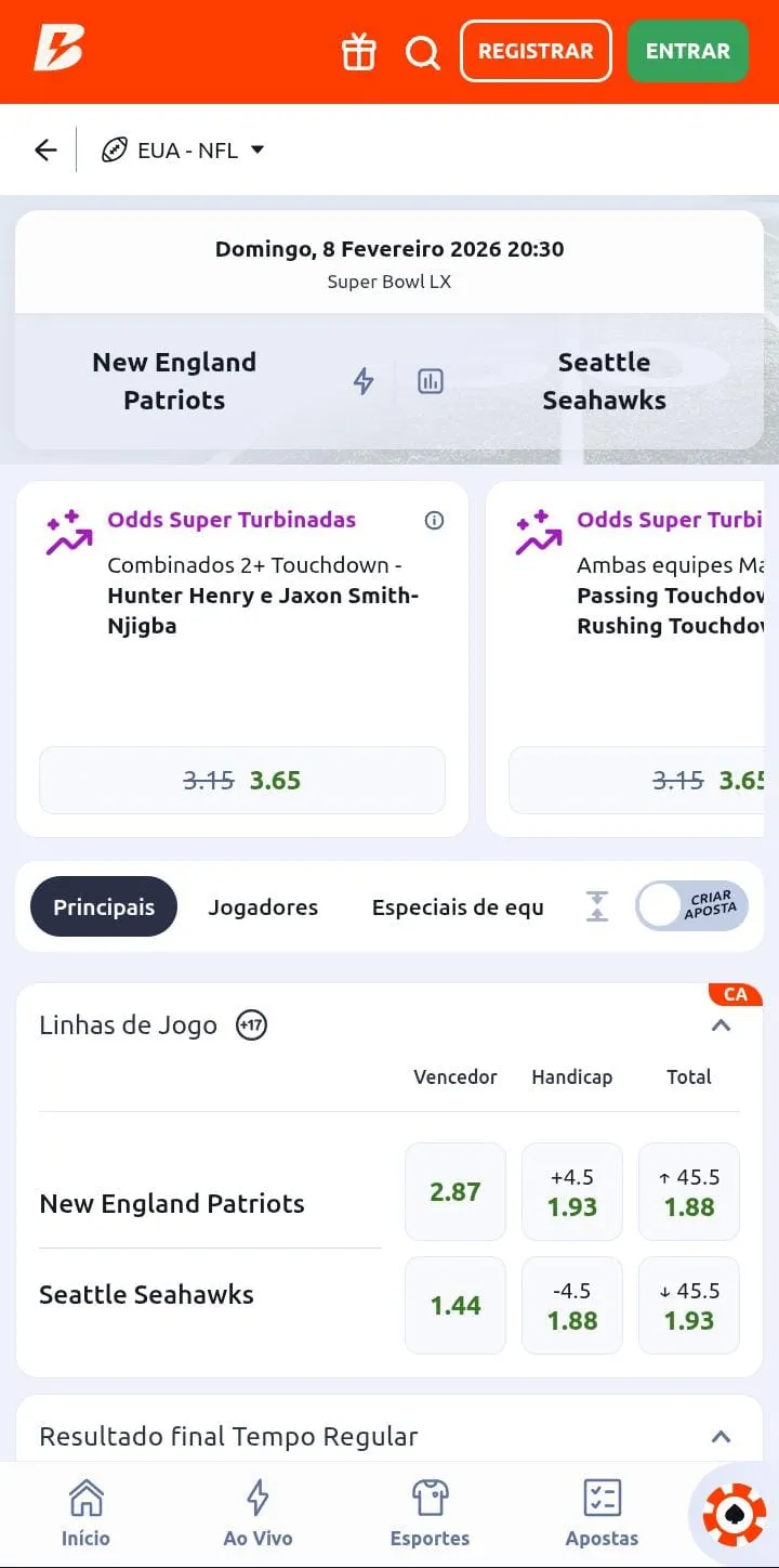 Odds Super Turbinadas e cotações das linhas de jogo da Super Bowl na Betano