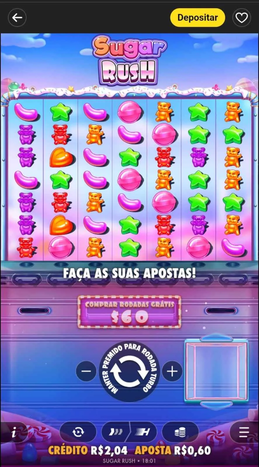 Sugar Rush na Bet365 com aposta definida em R$0,60 e símbolos prontos para queda em casacata.