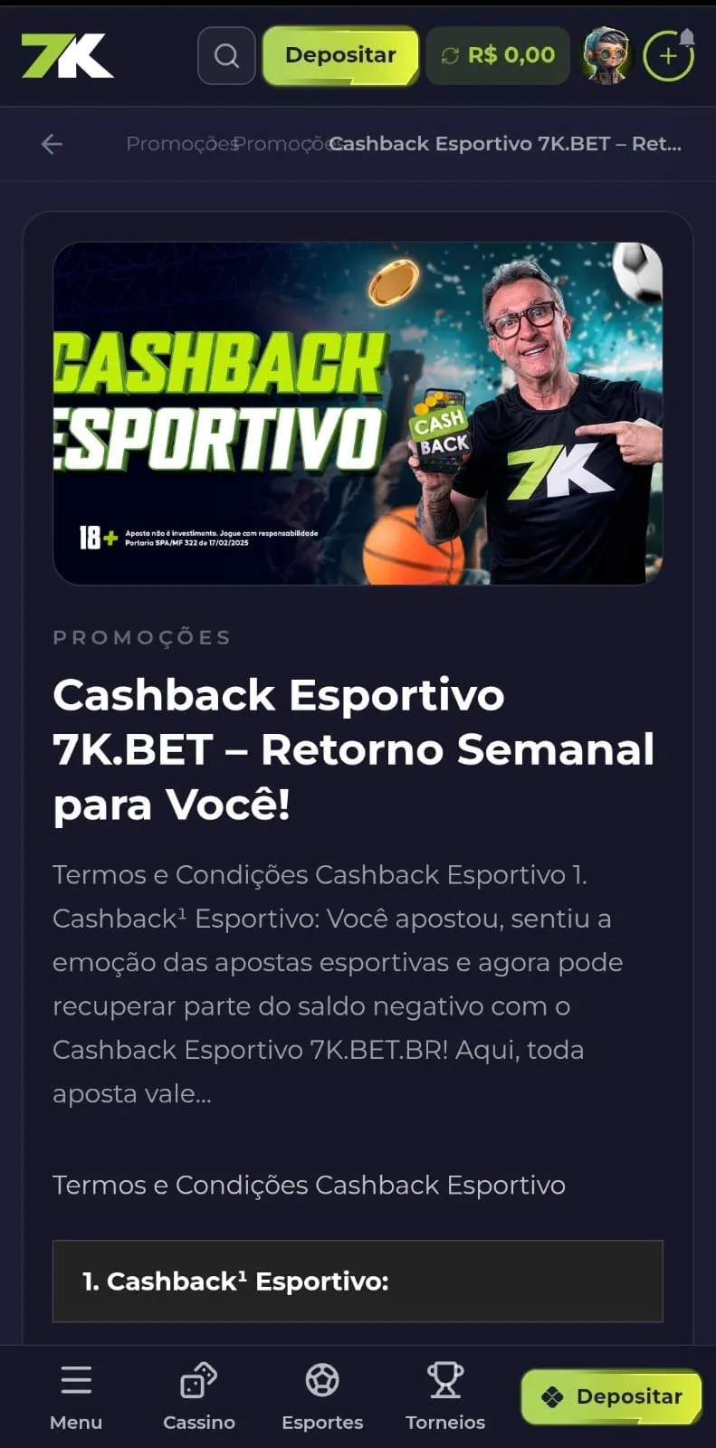 Cashback semanal esportivo na 7kbet, com texto explicativo e craque Neto no banner promocional.