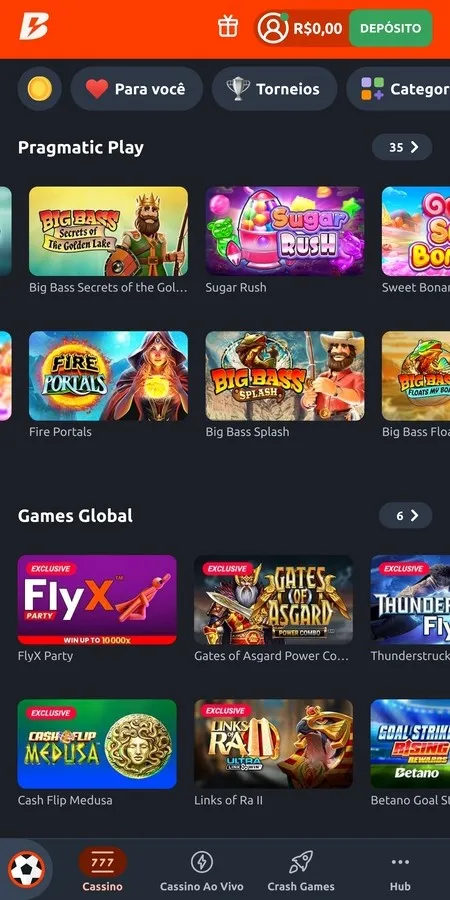 Betano cassino com jogos da Pragmatic Play e da Games Global, incluindo Big Bass Splash e outros slots de 10 centavos