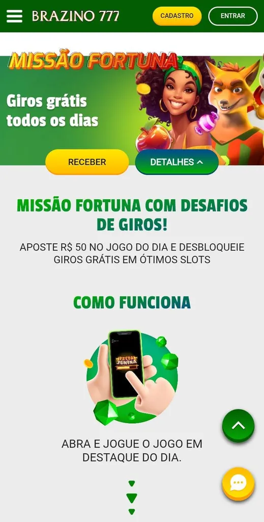 Banner da Missão Fortuna Giros Grátis todos os dias da Brazino777, na lista de cassinos autorizados no Brasil 2025.