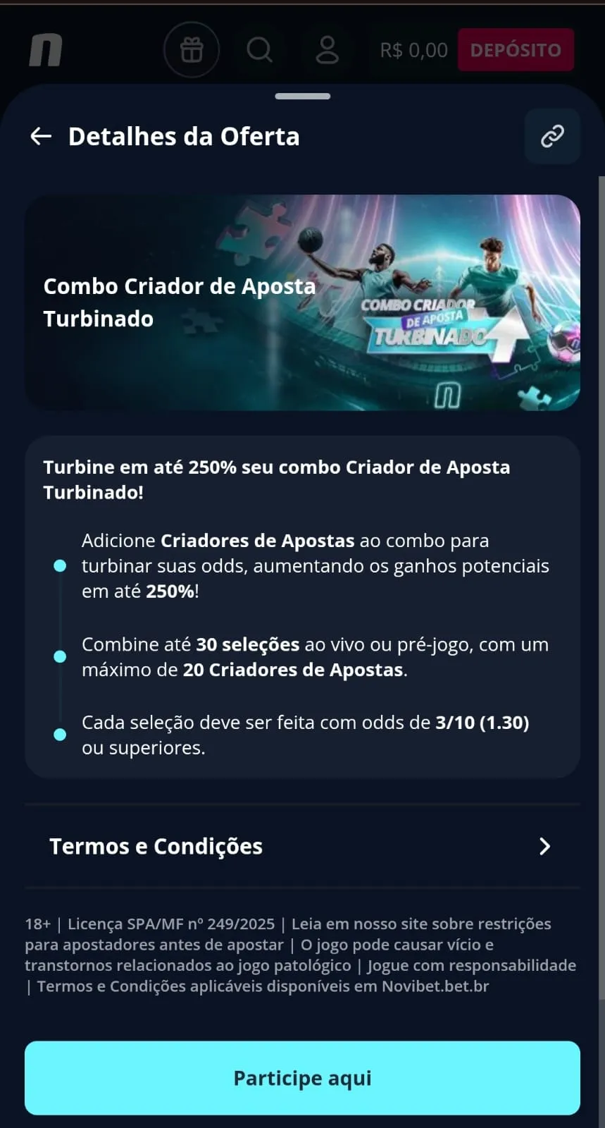 Print da página promocional da oferta Combo Criador de Aposta Turbinado da Novibet.