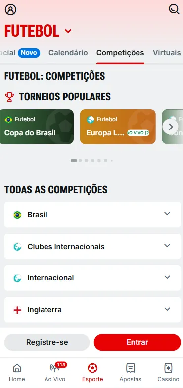 Competições de futebol da Superbet com torneios populares e categorias como Brasil
