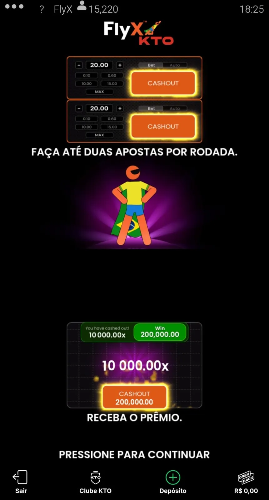 Print da opção "Como jogar" do FlyX na KTO que demonstra as opções "duas apostas por rodada" e "cash out".
Data: 12/05/26