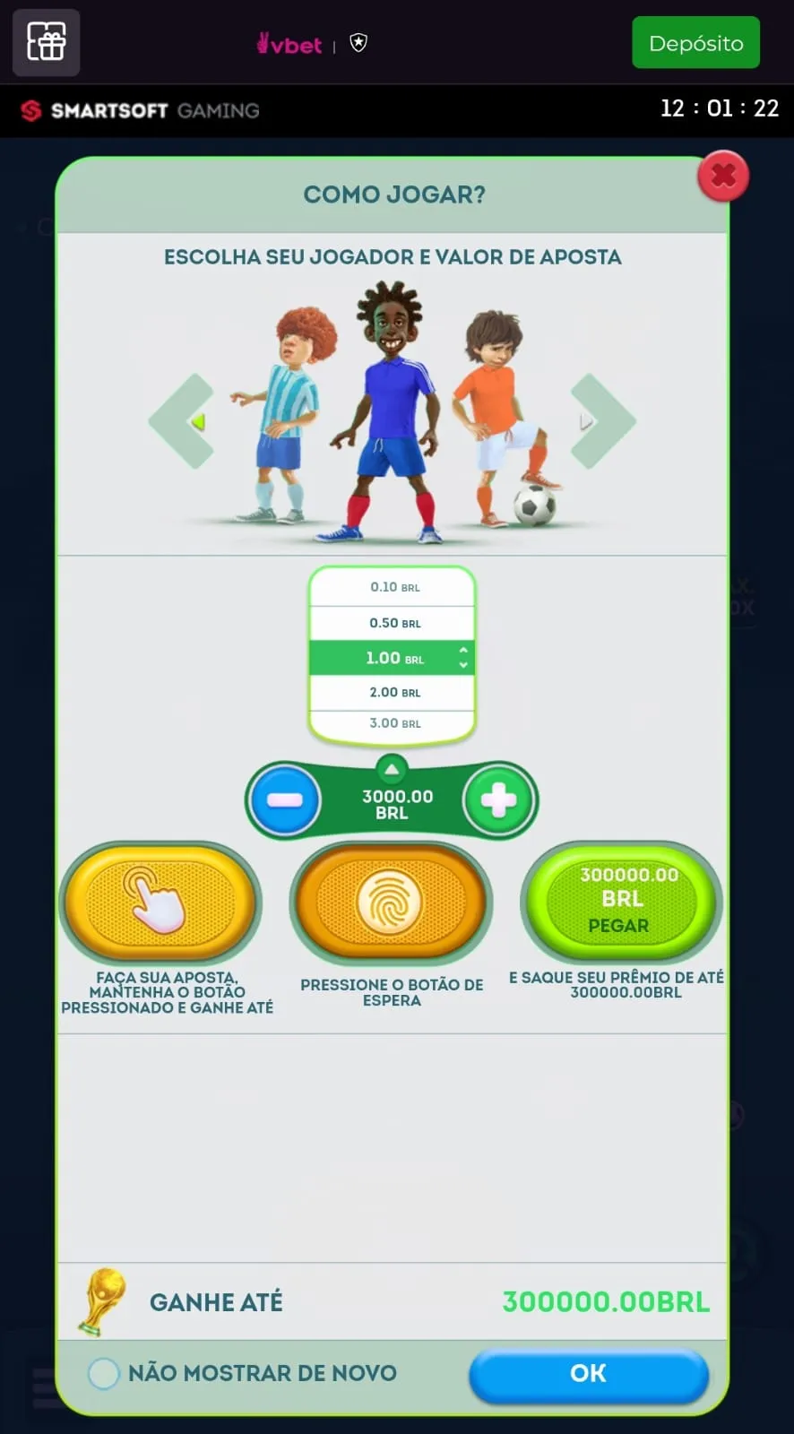  Imagem da tela “Como jogar” do FootballX na VBet, com destaque para a explicação dos botões, jogadores disponíveis e limites de apostas.
Data: 19/05/26