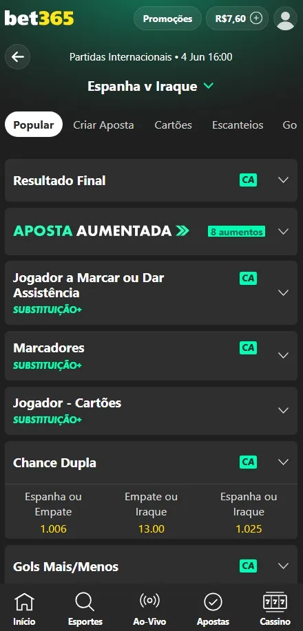 Mercado de chance dupla Espanha x Iraque na bet365