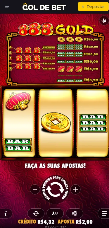 Slot 888 Gold com símbolos de BAR, moedas, balões e grade de pagamento na Gol de Bet 
