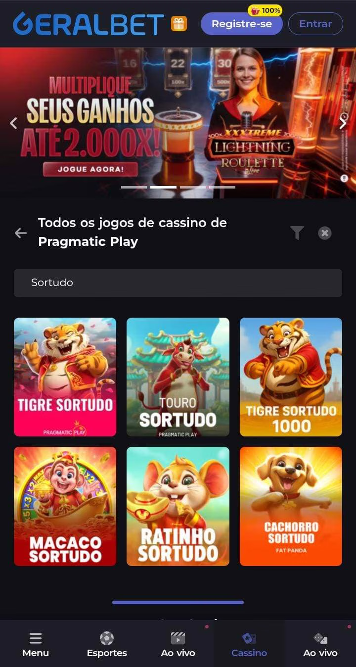 Ícones de 6 jogos Sortudo da Geralbet e banner do multiplicador de até 2.000x da Roleta XXXTreme Lightning