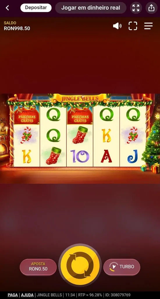 Diferentes figuras natalinas na grade 5x3 do slot Jingle Bells, com uma árvore de natal ao lado das bobinas