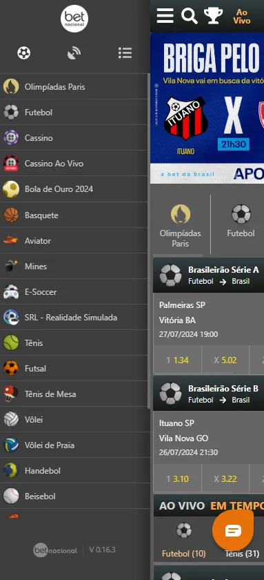 Menu de Modalidades esportivas e cassino da Betnacional no Celular.