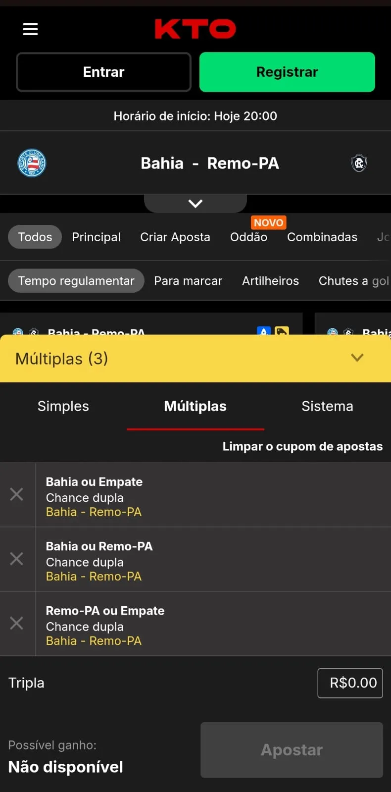 Aposta chance dupla Bahia x Remo na KTO