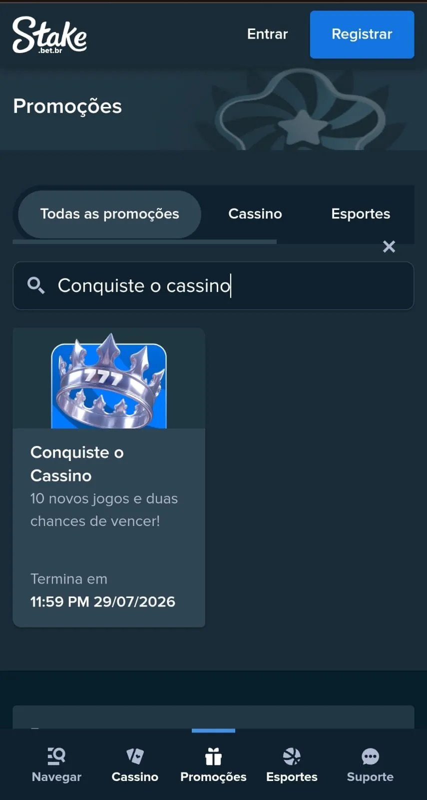 Print da página de promoções da Stake com a oferta Conquiste o Cassino