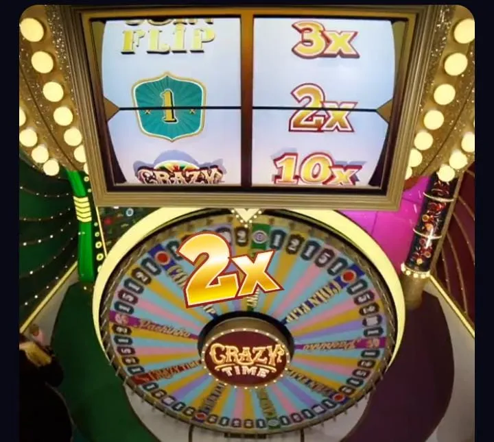 Recurso top bônus de Crazy Time, com o segmento "1" com multiplicador de 2x