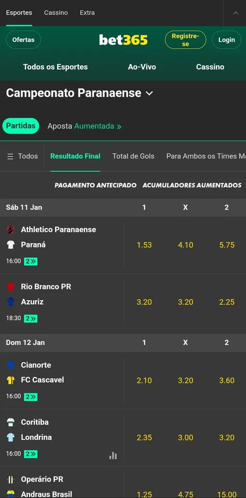 Apostas na Bet365 para o Campeonato Paranaense.