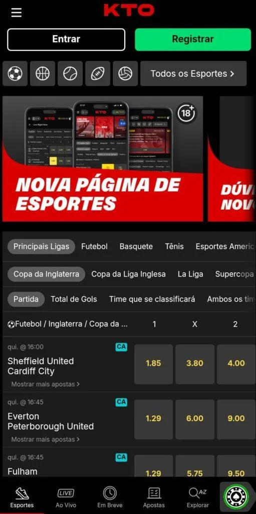 Seção de esportes da KTO com filtro para principais ligas e jogos da Copa da Inglaterra, e odds para mercado 1x2.