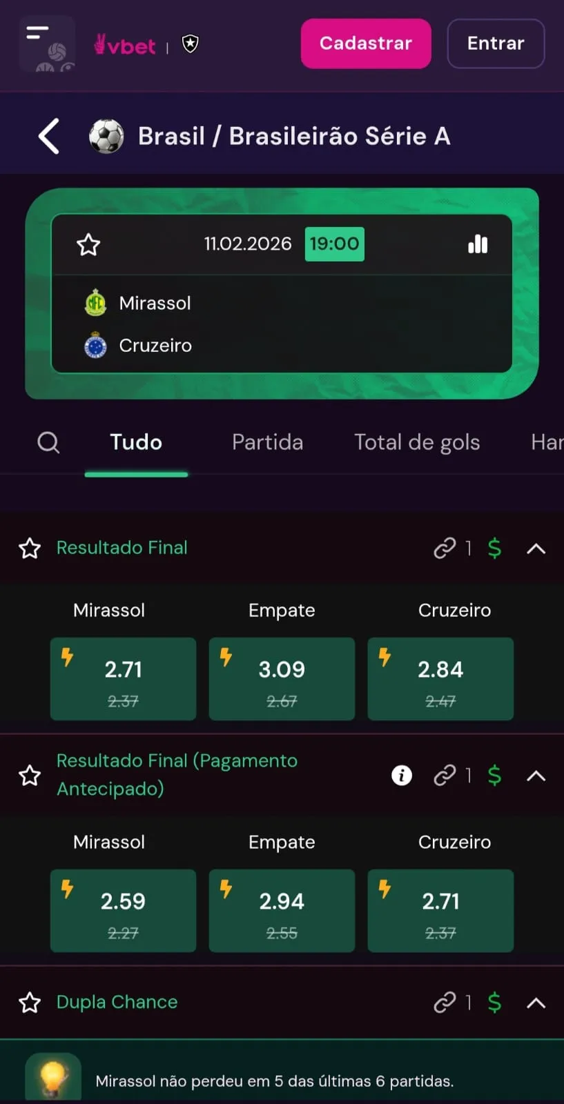 Mercados para jogo do Brasileirão com símbolo de raio nas odds dos mercados com cotações aumentadas na Vbet.