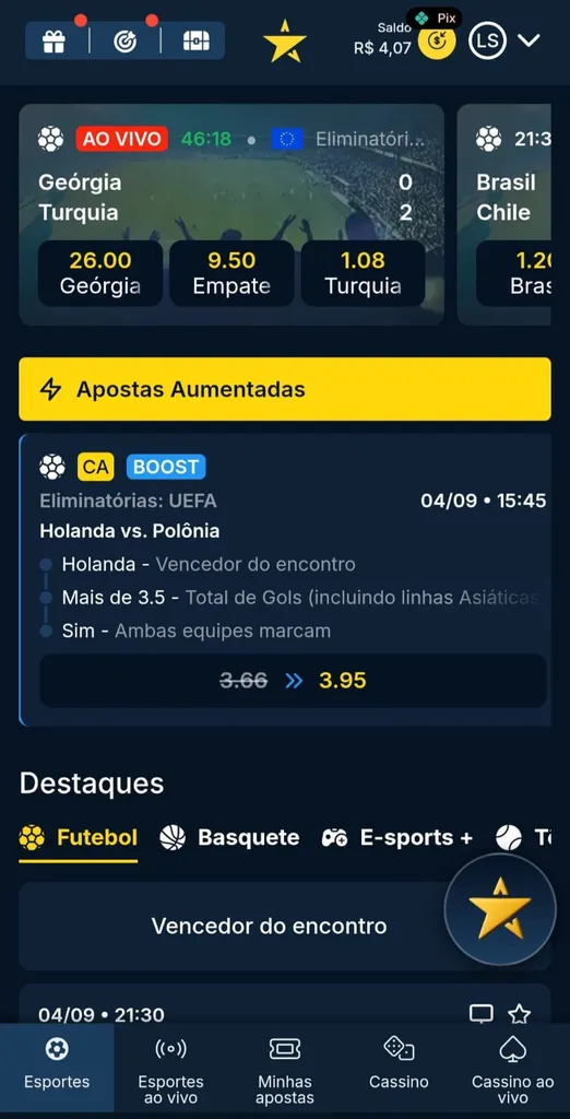 Apostas em esportes na Estrelabet com odds aumentadas em destaque na página para jogo Holanda x Polônia.