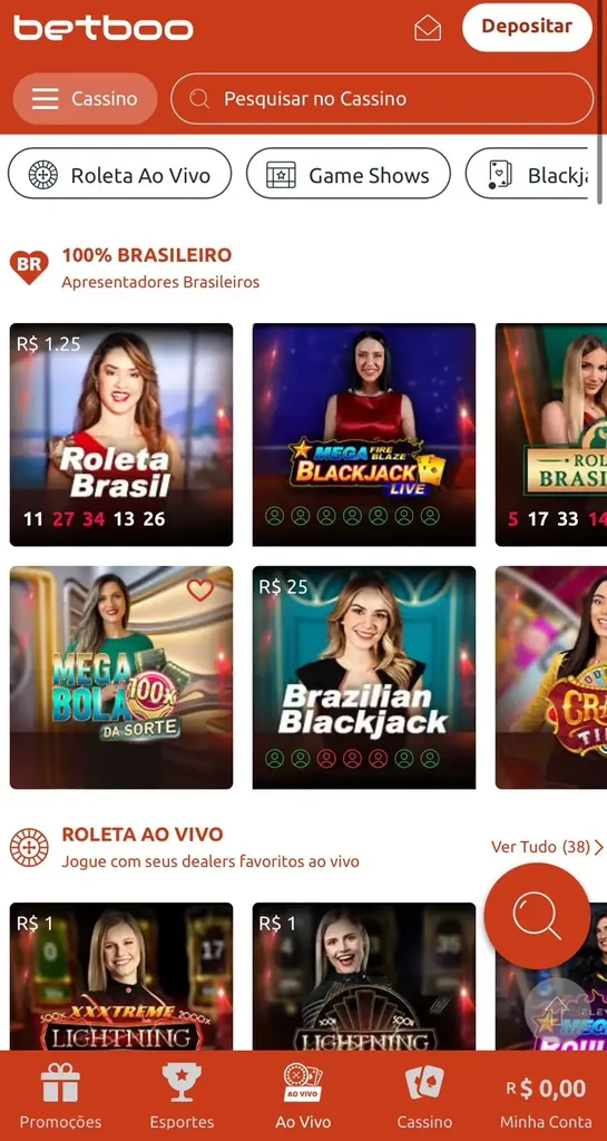 Cassino ao vivo Betboo com lista de jogos com apresentadores brasileiros, entre roletas e blackjack.