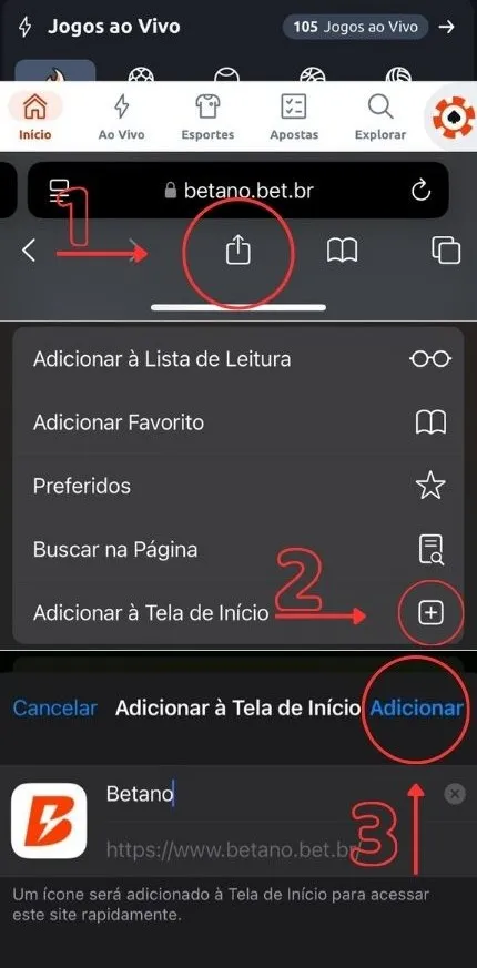 Instruções para criar atalho do cassino Betano em aparelhos iOS nas configurações.