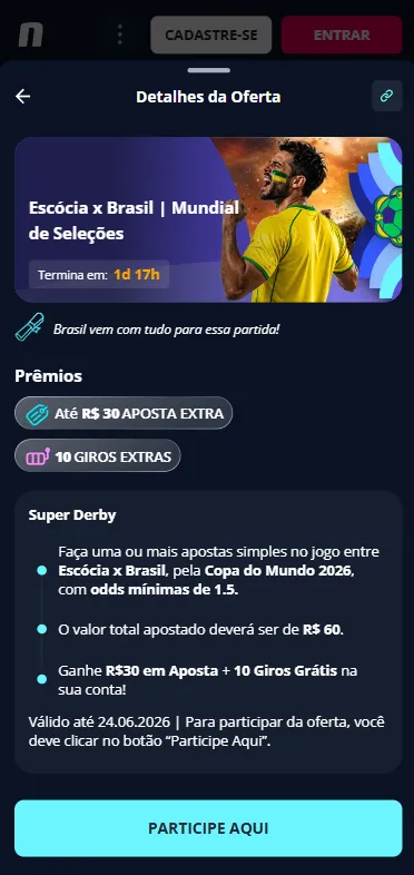 Promoção Escócia x Brasil no Mundial das Seleções Novibet com aposta extra de R$ 30